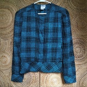 Neiman Marcus Suit Jacket Top Womens 12 Turquoise Green & Black Peplum 100% Silk